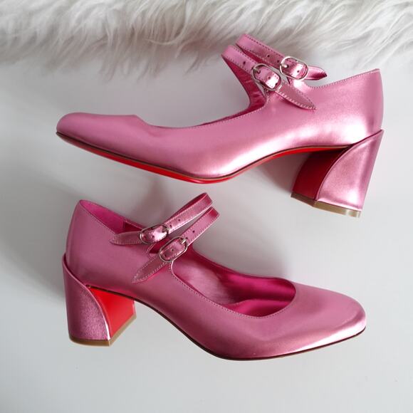 Christian Louboutin Miss Jane 55 Mary Jane Metallic Pink Leather Low Heels 36.5 - Picture 3 of 16